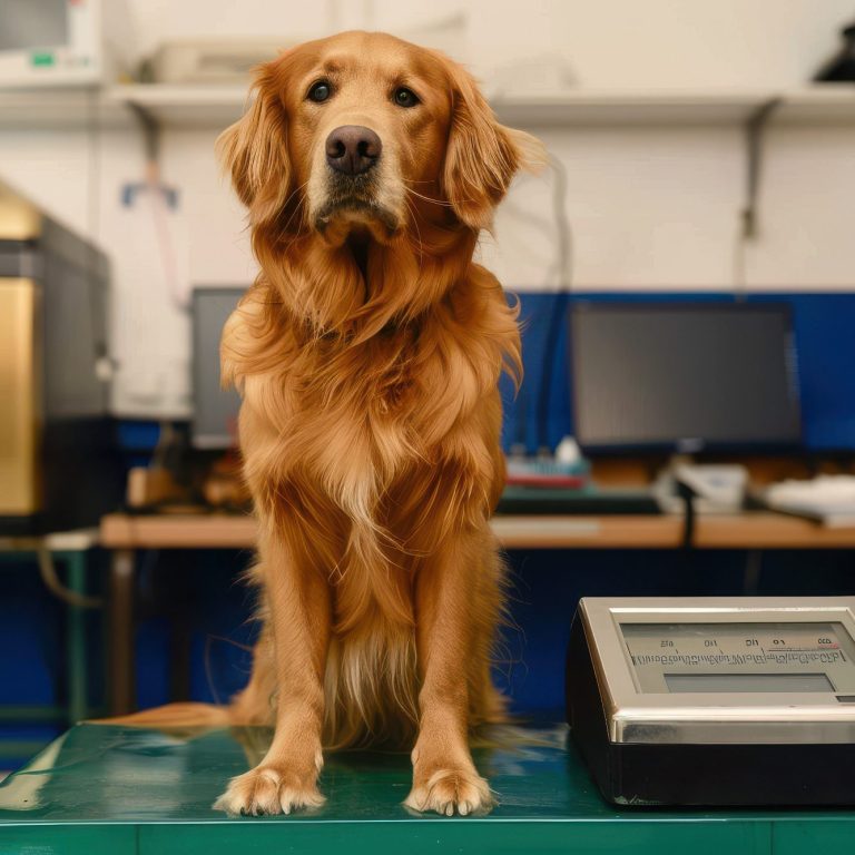 Ein Golden Retriever sitzt auf einem Tisch in einem Raum mit Computern.